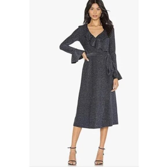 Free People Dresses & Skirts - Free People One More Time Blue Black Shimmer Ruffle Midi Wrap Dress  S